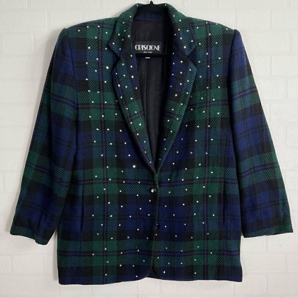 Vintage Green and Navy Plaid Blazer with Stud Accents